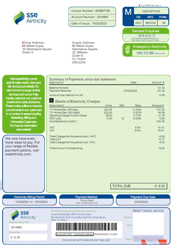 AUSTRALIA SSE AIRTRICITY utility bill Word and PDF template